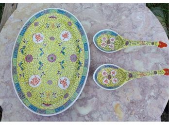 Vintage Mun Shou Longevity Yellow Platter And Spoons
