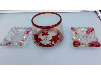 Depression Glass?  2 Miniature Cigarette Ashtrays Paired With A Serving Glass In Cranberry Floral Pattern