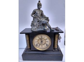 Cast Iron Antique Mantle Clock Marble /Brass And Wood With One Lion Head Missing On Side.