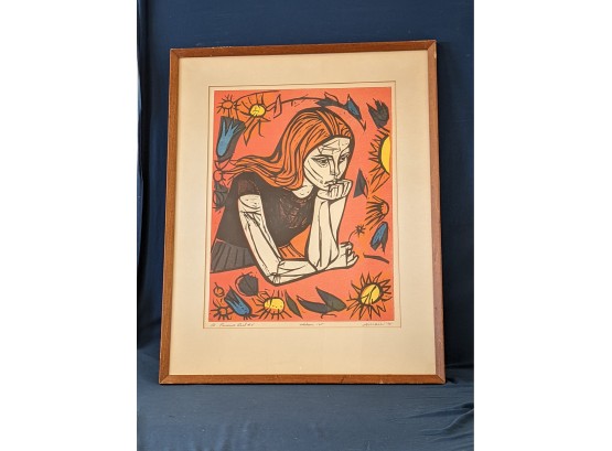 Limited Edition Irving Amen Pencil Signed, Numbered, And Titled 'Pensive Girl' Woodcut