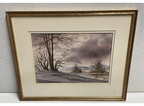 Fabulous Winter Snow Scene  Water  Color  By Bill Ely . Listed Ct Artist With  Auction  Records