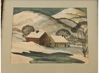 Signed 1950 'J Browne' Watercolor Of A Farmhouse In Winter