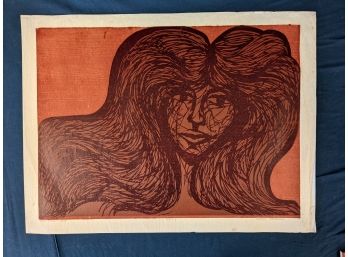 Ross Abrams 1971-6 'Her Hair' Woodcut In Red