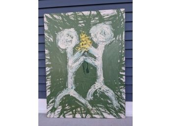Large Fantastic Mid Century Modern Figures With Flowers Painting On Canvas