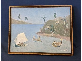 Signed Fritz Lamothe (1933-) Haitian Painting Of Fishermen And Their Ships ~ Listed Artist