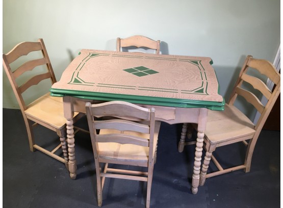 Fantastic All Original 1930s / 1940s Art Deco Style Enamel Top Table & Four (4) Chairs - Side Leaves Pull Out