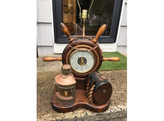 Fantastic Nautical Themed Lamp By MILFORD GUILD - Ships Wheel Barometer - Brass Ships Light - Wooden Pulley !
