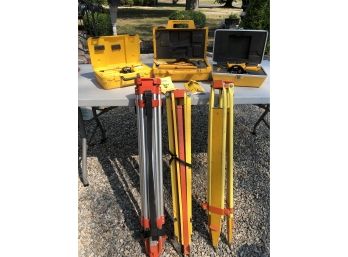 Three Sets Of Surveying Equipment / Transits By BERGER INSTRUMENTS - Models 190 - 135 - 3M - Tripods / Cases