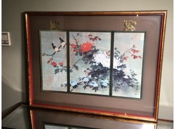 Very Pretty Triptych Asian Artwork / Print - Beautifully Framed With Some Added Brass Accents - Large Piece