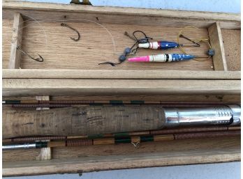 Antique / Vintage Bamboo Fly Rod In Box With Three Extra Tips - Old Shot Tin - And Some Hand Tied Flys