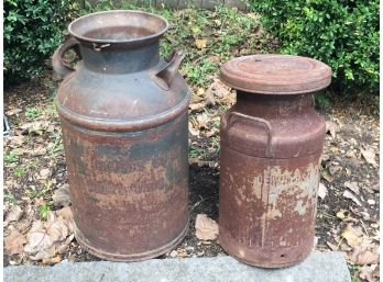 Two Antique Steel Milk Cans - Larger Is Kansas Coop Dairy - The Other Is Dewhurst Dairy / Bridgeport Conn