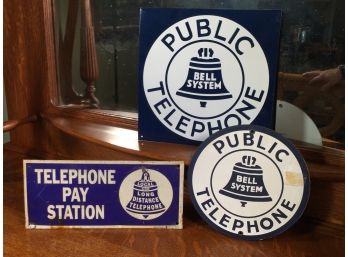 Three Vintage Style - Blue & White Tin Telephone Signs - PUBLIC TELEPHONE & TELEPHONE PAY STATION - Nice !