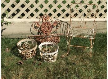 Lovely Group Of Vintage Cast / Wrought Pieces - Small Chair / Plant Stand - Wall Pocket & Pair Of Pot Holders