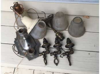 Grouping Of Antique Lighting / Old Satin Shades Even Some ORIGINAL Bronze Victorian Gas Knobs - ONE LOT !
