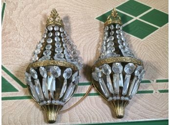 Beautiful Pair Of Vintage Crystal Balloon Wall Sconces - Gilt Brass Trim - Look To Be In Very Good Shape
