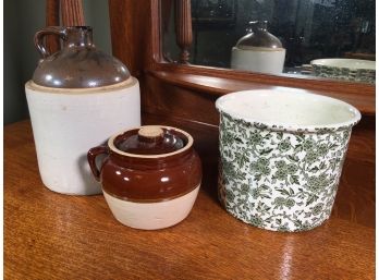 Three Pieces Antique Pottery / Stoneware - Large Green / White Cachepot By BURLEIGH & Two Brown & White Crocks
