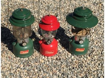 Three Vintage COLEMAN Camping Lanterns - Two Green One Red - All Are 1970s - All Seem To Be In Good Shape