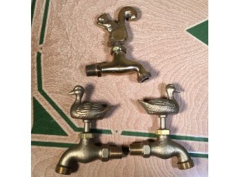 Three Vintage Water Faucets - Two Have Duck Knob The Other Has Squirrel - All Solid Brass - Great Pieces !