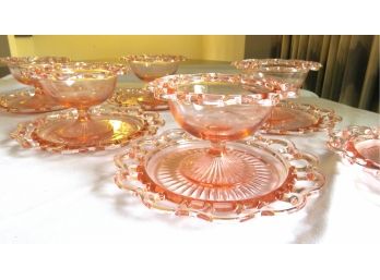 Pink Depression Glass Ruffle Sherbet Bowls & Saucers