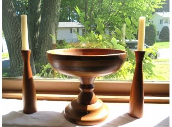 Danish Modern Pair Of Wood Candlesticks  And Pedestal Bowl