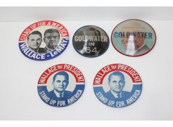 5 Vintage Political Buttons - Goldwater & Wallace - 1964 & 1968