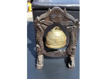 Fantastic Brass Chinese Bell On Wooden Carved Stand