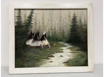 Native American Forest Teepee Landscape Painting Signed & Framed