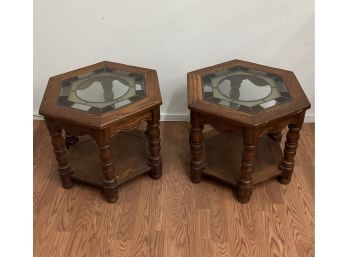 Pair Of Stained Glass Top Wooden End Tables / Night Stands