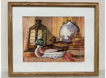 Wooden Mallard Decoy Painting Signed & Framed