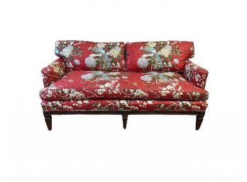 1980s Quilted Fabric Sofa Couch W/ Oriental Bird & Flower Design - Tear In Upholstry