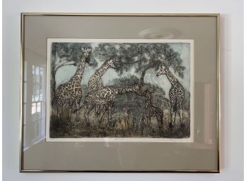 Mother & Child / Family Of Giraffes Signed Shirley Hines Etching  (LOC W2)