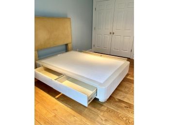 Full Size Bed With 4 Side Storage Drawers, Posturpedic Mattress, Corduroy Headboard & Linens  (LOC W2)