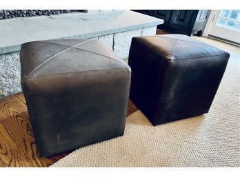 Pair Cocoa Brown Leather Ottomans (LOC:W1)