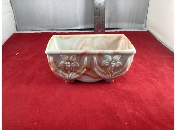 Vintage Akro Agate Milkglass Orange Swirl Daffodil Footed Dish Made In The USA 657 Good Overall Condition