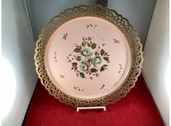 Vintage Nashco Toleware 12 Pink Round Tray Hand Painted Signed Reticulated Edge See Pictures