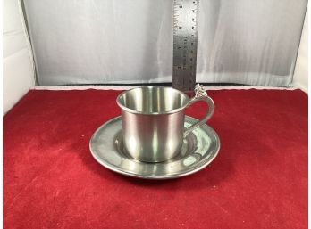 Danforth Pewter Cup With A Rabbit On The Handle And A Woodbury Pewter Saucer Good Overall Condition