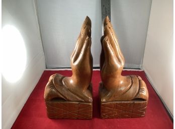 Vintage Hand Carved Praying Hands Bookends Unsigned But Very Nice Work See Pictures