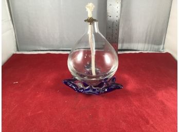 Vintage Art Glass Cobalt Blue And Clear Glass Oil Lamp Unsigned Goos Overall Condition