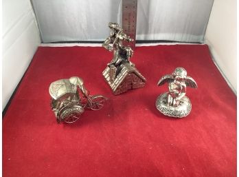 2 Vintage Silver Plated Paper Weights And Bicycle Taxi Decorations Goos Overall Condition