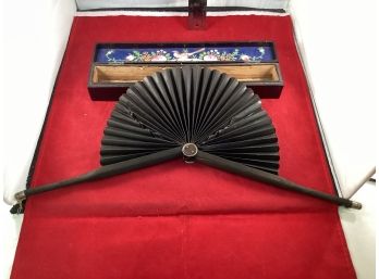 Antique Oriental Folding Fan Wood Handle Fan Needs Work Hand Painted Silk Box Liner Signed Inside Box