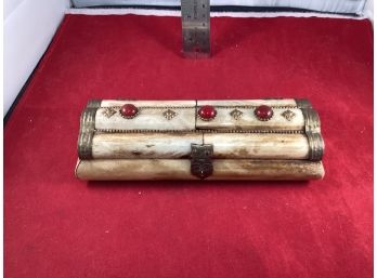 Vintage Bone Trinket Dresser Box With Brass And Stone Embellishments Good Overall Condition