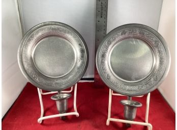 A Pair Of Vintage Preisner Pewter Wall Mount Candle Stick Holders Good Overall Condition