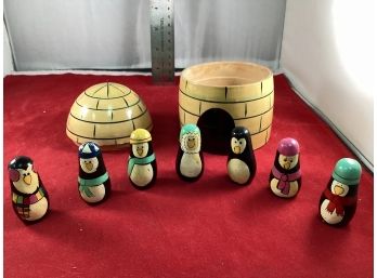 Vintage Hand Painted Wooden Igloo With 7 Hand Painted Penguins Very Cute Good Overall Condition