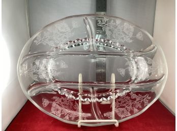 Vintage Etched Clear Glass Divided Candy Bowl With Scalloped Base Good Overall Condition