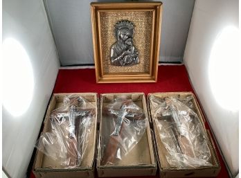 Hand Finished Pewter Religious Items Made In Italy 3 Crosses With Pewter Jesus And Framed Pewter Mother Mary