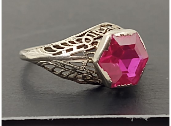 ANTIQUE VICTORIAN ART DECO 14K WHITE GOLD FILIGREE RUBY RING SIZE 6 1/4