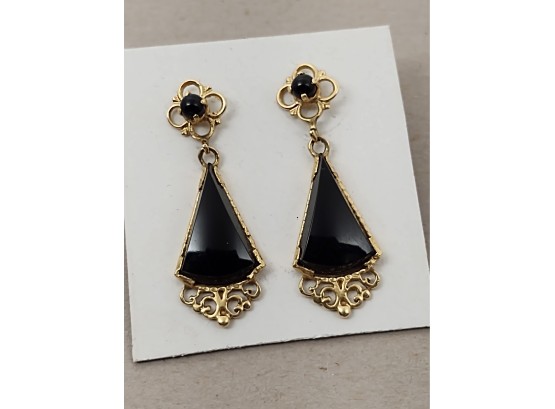 VINTAGE 14K GOLD ONYX VICTORIAN REVIVAL MOURNING EARRINGS
