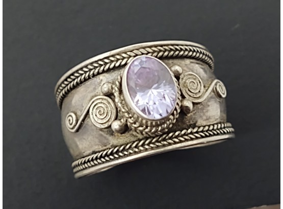 VINTAGE WIDE STERLING SILVER AMETHYST RING SIZE 10 3/4