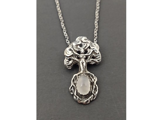VINTAGE STERLNG SILVER MOON STONE NUDE MOTHER NATURE TREE OF LIFE PENDANT NECKLACE