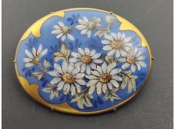 VICTORIAN GOLD TONE BACKED HAND PAINTED PORCELAIN FLOWERS BROOCH / PIN